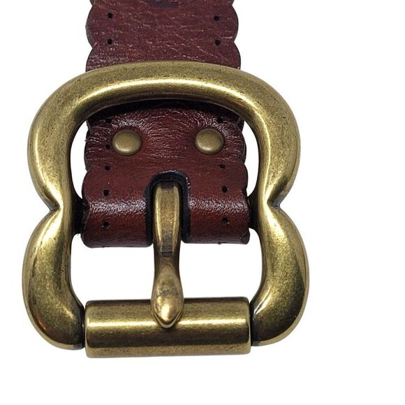 Vintage Fossil Womens Brown Leather Belt L Scalloped Perforated Brass Buckle - Picture 2 of 15